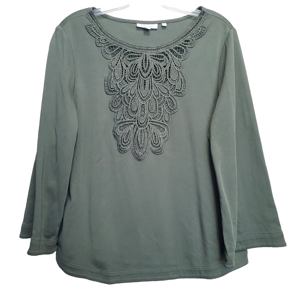 Chico's Cotton Green Lace Inset 3/4 Sleeve Top Size 2 Large